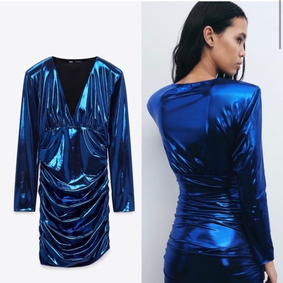NWT ZARA LAMINATED BLUE DRAPED DRESS - Picture 4 of 14